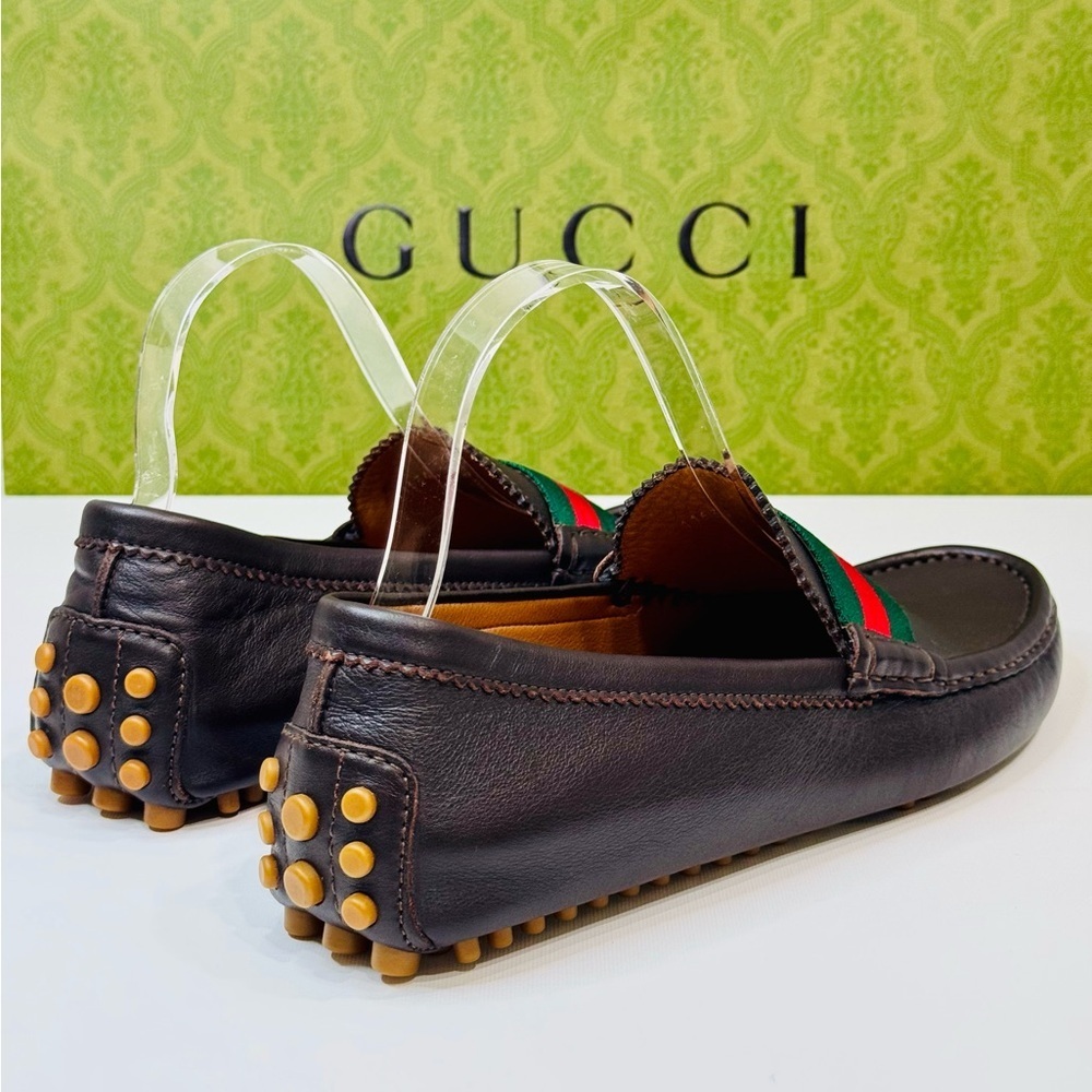 Men’s Gucci Web Accent Leather Drivers Moccasin Dark Brown Size 8.5 New no Box! - Picture 12 of 16